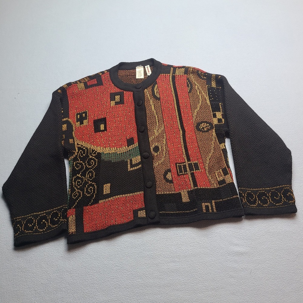 Rodier Cardigan Sweater Womens M Black Red Gold Excellent Abstract Wool Blend